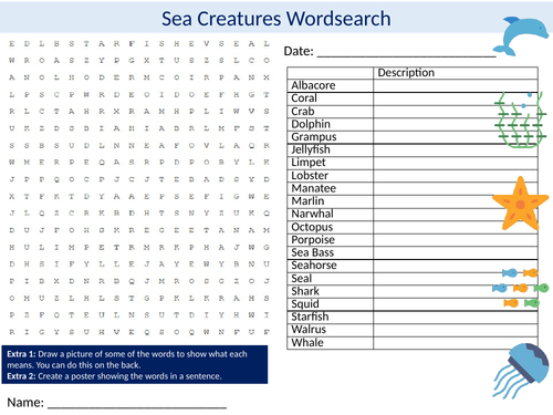 Sea Creatures Wordsearch Sheet Starter Activity Keywords Cover Homework Animals The Ocean