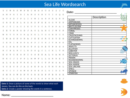 2 x Sea Creatures Wordsearch Sheet Starter Activity Keywords Cover Homework Animals The Ocean