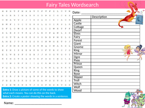 Fairy Tales Wordsearch Sheet Starter Activity Keywords Cover Homework Myths and Legends