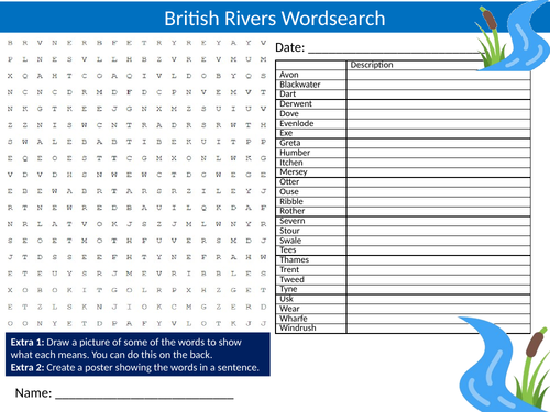 British Rivers Wordsearch Sheet Starter Activity Keywords Cover Homework Geography