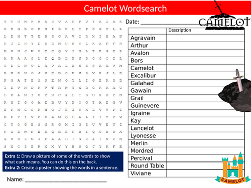 Camelot Wordsearch Sheet Starter Activity Keywords Cover Homework Myths and Legends King Arthur
