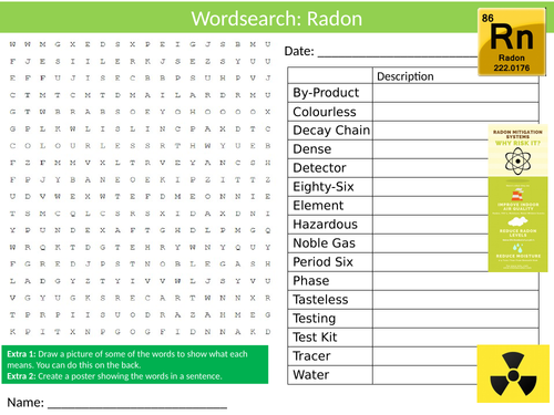 Radon Wordsearch Sheet Starter Activity Keywords Cover Homework Science Chemistry Elements