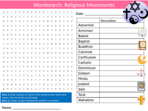 Religious Movements Wordsearch Sheet Starter Activity Keywords Cover Homework RS Studies