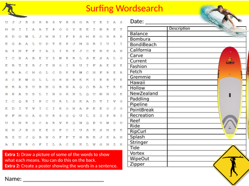 Surfing Wordsearch Sheet Starter Activity Keywords Cover Homework Water Sports Physical Education