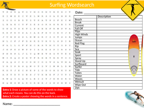 2 x Surfing Wordsearch Sheet Starter Activity Keywords Cover Homework PE Sports Physical Education
