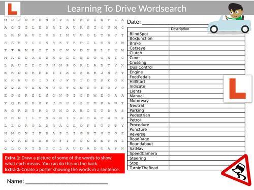 Learning to Drive Wordsearch Sheet Starter Activity Keywords Cover Homework Driving