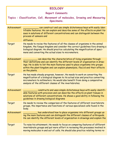 Biology - Report Comments - Classification, Cells, Osmosis, Diffusion