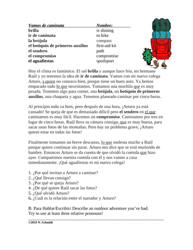 Spanish Relative Pronouns Reading: Vamos de caminata (que, quien, lo que etc.)
