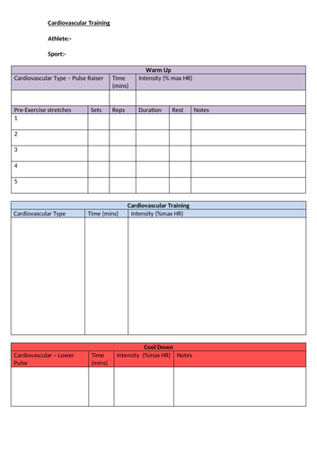 Fitness training - session plan templates (worksheet)
