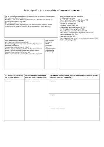 Paper 1 Question 4 Scaffolded Table Sheet (GCSE English Language AQA)