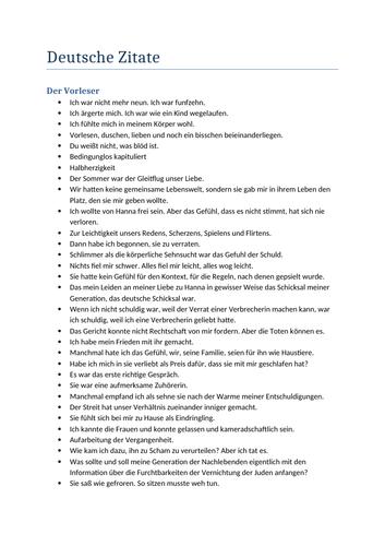 AQA A Level German 'Der Vorleser' Key Quotes List