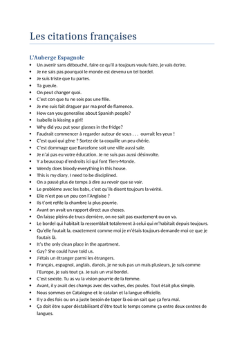 AQA A Level French "L'auberge espagnole" Key Quotes List