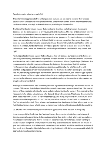 RELIGIOUS STUDIES AQA A LEVEL EXAM QUESTIONS ETHICS ON KANT, CONSCIENCE AND DETERMINISM A* IN ALEVEL