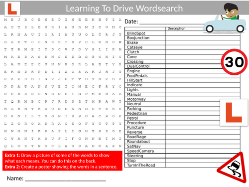 3 x Learning to Drive Wordsearch Sheet Starter Activity Keywords Cover Homework Driving