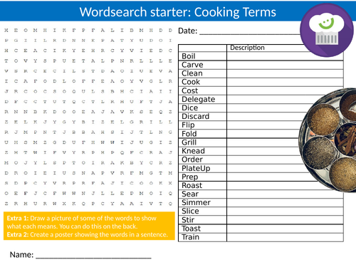 3 x Cooking Terms Wordsearch Sheet Starter Activity ...