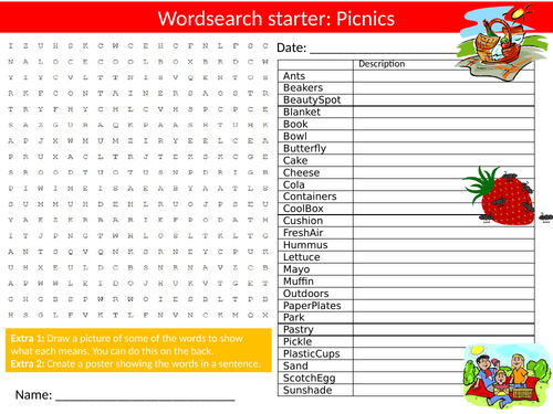 Picnics Wordsearch Sheet Starter Activity Keywords Cover Homework Food ...