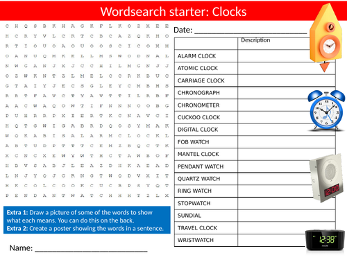 Clocks Wordsearch Sheet Starter Activity Keywords Cover Homework Telling The Time