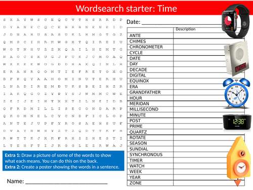 Time Wordsearch Sheet Starter Activity Keywords Cover Homework Telling The Time Clocks