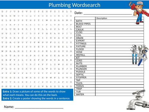 Plumbing Wordsearch Sheet Starter Activity Keywords Cover Homework Careers Plumbers