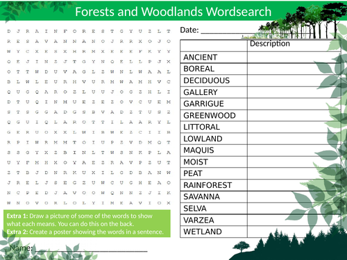 3 x Forests and Woods Wordsearch Sheet Starter Activity Keywords Cover Homework Geography Woodlands