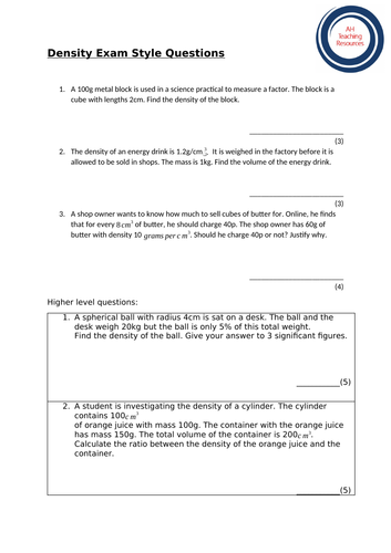 Density Exam Style Question Sheet
