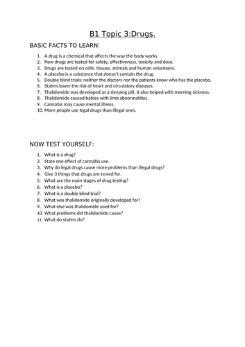 AQA Biology GCSE topic B1.3 drugs facts, short and 6 mark Qs and As