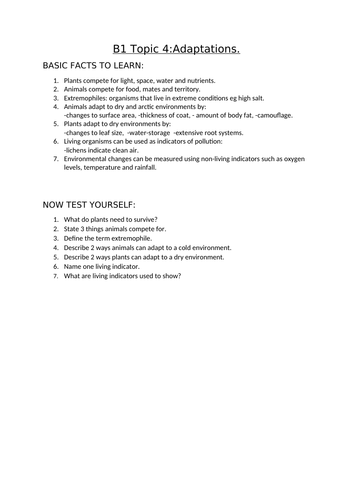 AQA Biology GCSE topic B1.4 adaptations facts, short and 6 mark Qs and As