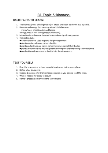 AQA Biology GCSE topic B1.5 Biomass facts, short and 6 mark Qs and As
