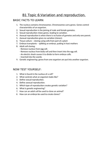 AQA Biology GCSE topic B1.6 variation and reproduction facts, short and 6 mark Qs and As
