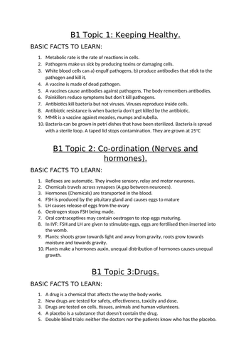 AQA Biology topics B1 and B2 basic fact sheets, B1, B2 and B3 detailed fact sheets