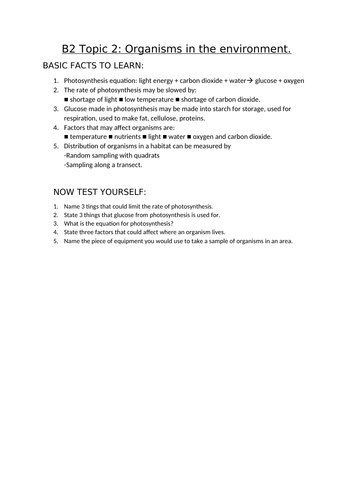 AQA Biology GCSE topic B2.2  organisms in the environment facts, short and 6 mark Qs and As