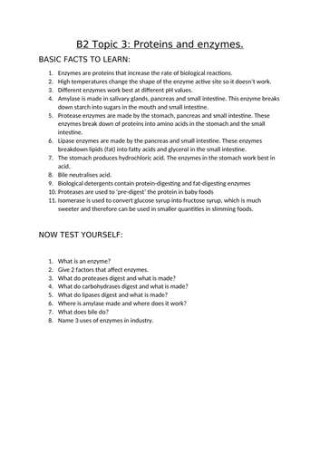 AQA Biology GCSE topic B2.3  Proteins and enzymes facts, short and 6 mark Qs