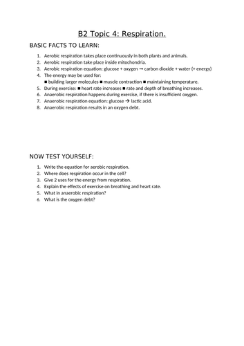 AQA Biology GCSE topic B2.4-6 basic fact sheets