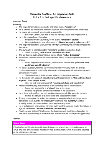 Gcse An Inspector Calls Revision Notes Aqa Teaching Resources 4084