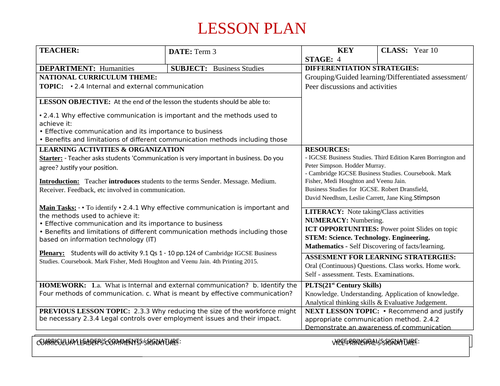 Lesson Plan on Internal and External Communication and Communication models