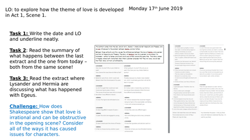 Lesson 4 A Midsummer Night's Dream Year 8 scheme - the presentation of Helena and Lysander Act 1