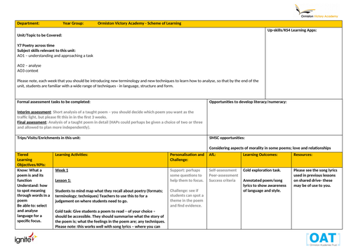 Year 7 poetry across time full written scheme of work