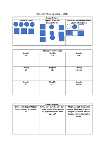 Expressing as a Ratio - Homework Menu