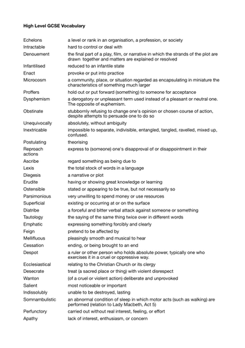 High Level GCSE Vocabulary