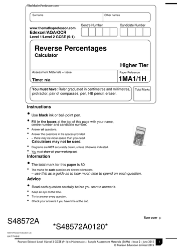 1-9 (I)/GCSE EXAM PAPER ON REVERSE PERCENTAGES