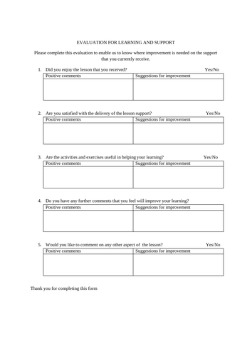 Student Feedback Form part of the Evaluation for Learning and Support