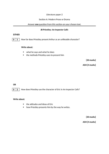 An Inspector Calls exams - AQA GCSE