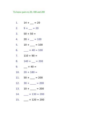 Pairs to 20, 100 and 200