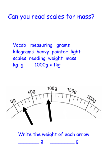 Measuring Mass (weight) in grams - reading scales Year 2