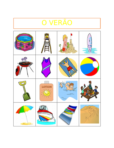 Verão (Summer in Portuguese) Bingo