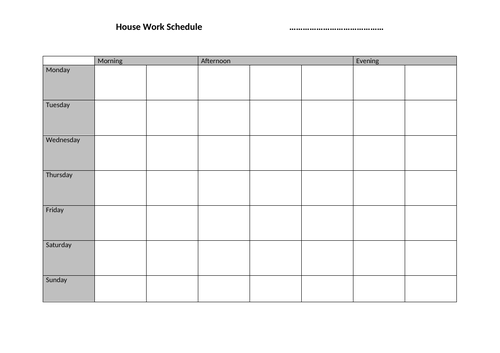 House Work Blank Time Table Template