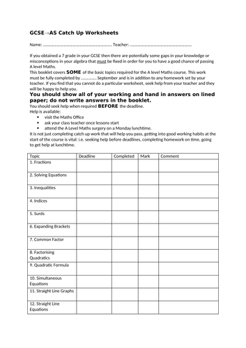 Early year 12 Catch Up