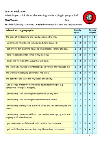 Learner evaluation of learning and teaching in geography