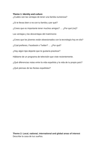 Spanish AQA GCSE - Practice Speaking Questions for Themes 1,2 and 3