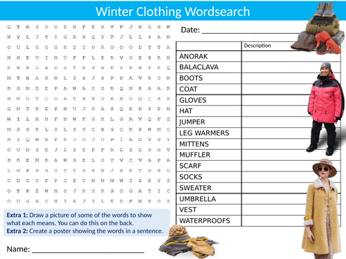Winter Clothes Wordsearch Sheet Starter Activity Keywords Cover Homework Textiles Technology